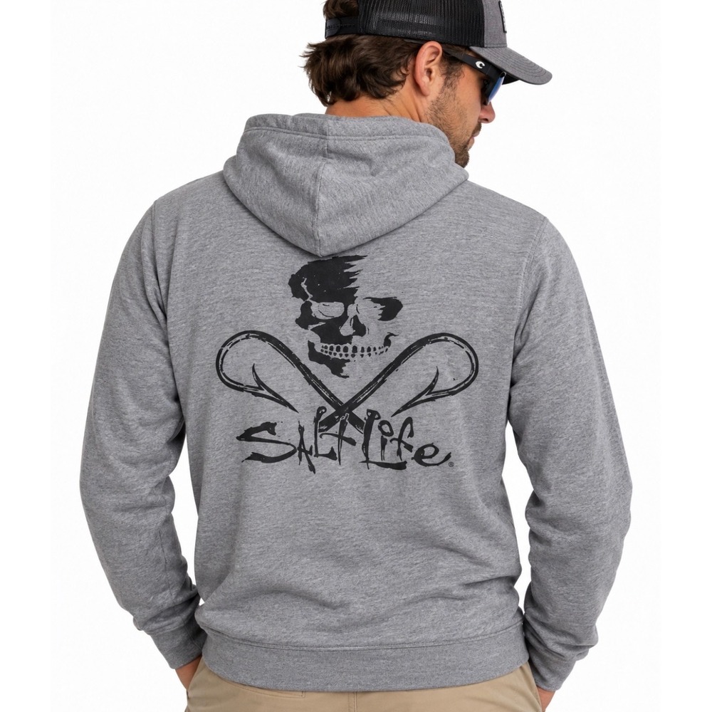 Salt Life Mens L Gray Pullover Hoodie Skull Crossbones Graphic Logo Sweatshirt
